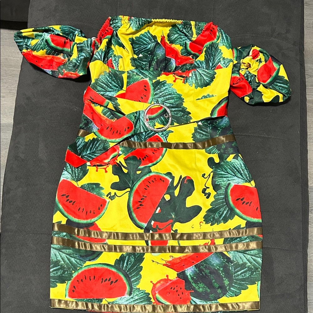 Watermelon Print Off-Shoulder Dress with puff sleeve